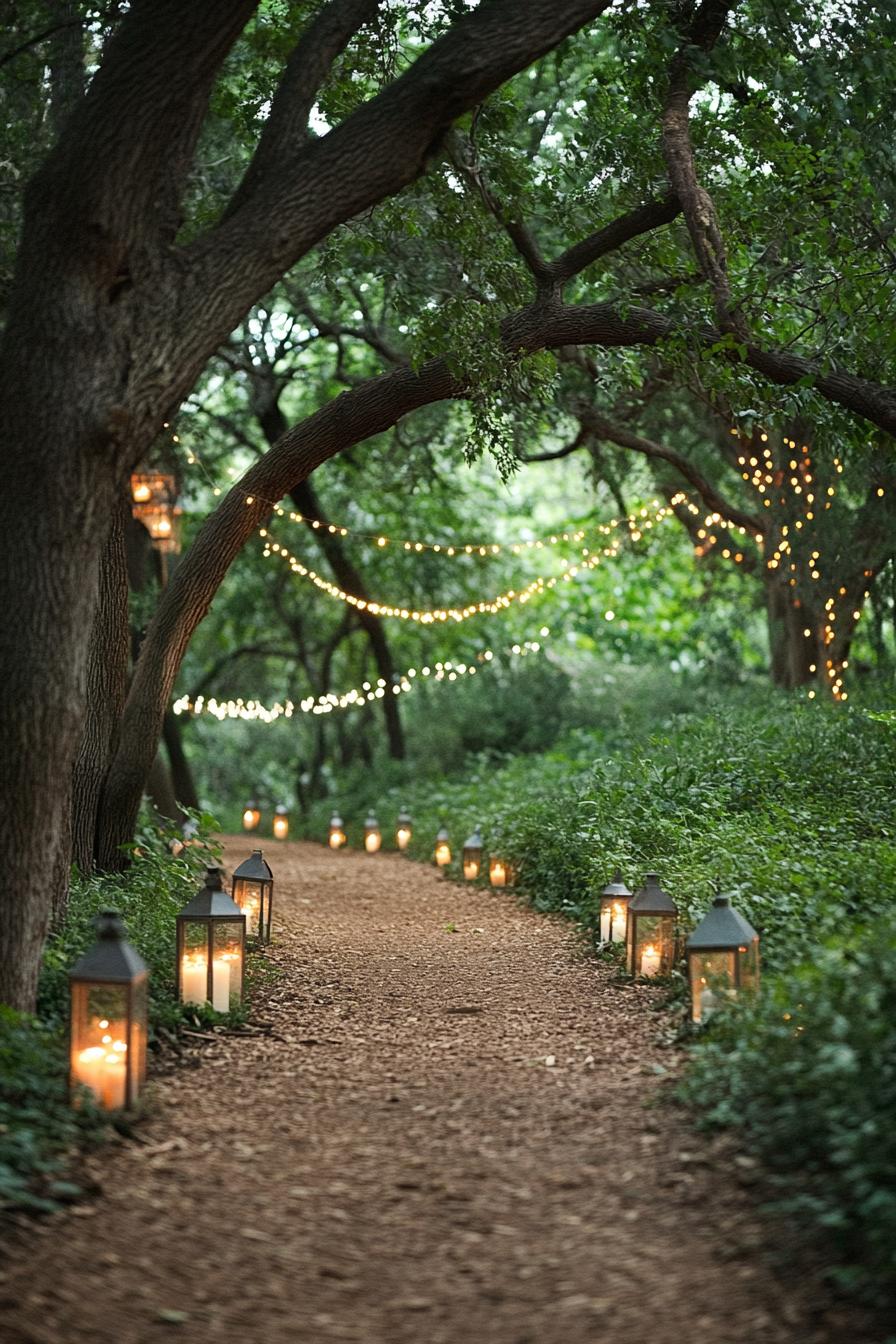 outdoor wedding decor forest path with lush trees the path is lined with candle lanterns string lights hanging from the trees 2