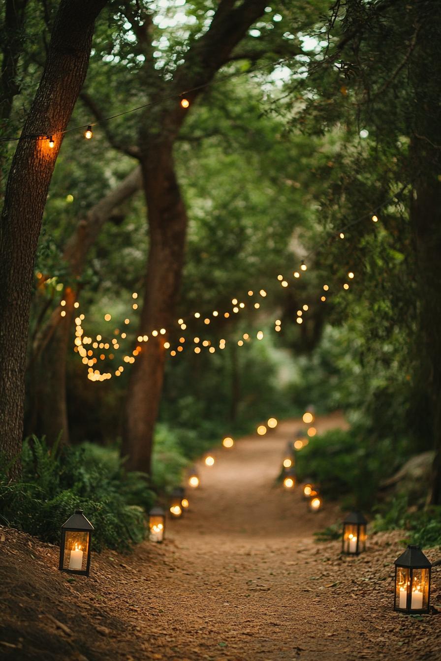 outdoor wedding decor forest path with lush trees the path is lined with candle lanterns string lights hanging from the trees 3