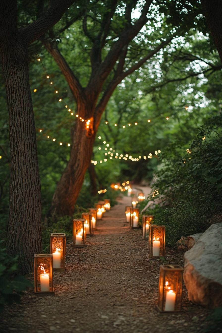 outdoor wedding decor forest path with lush trees the path is lined with candle lanterns string lights hanging from the trees