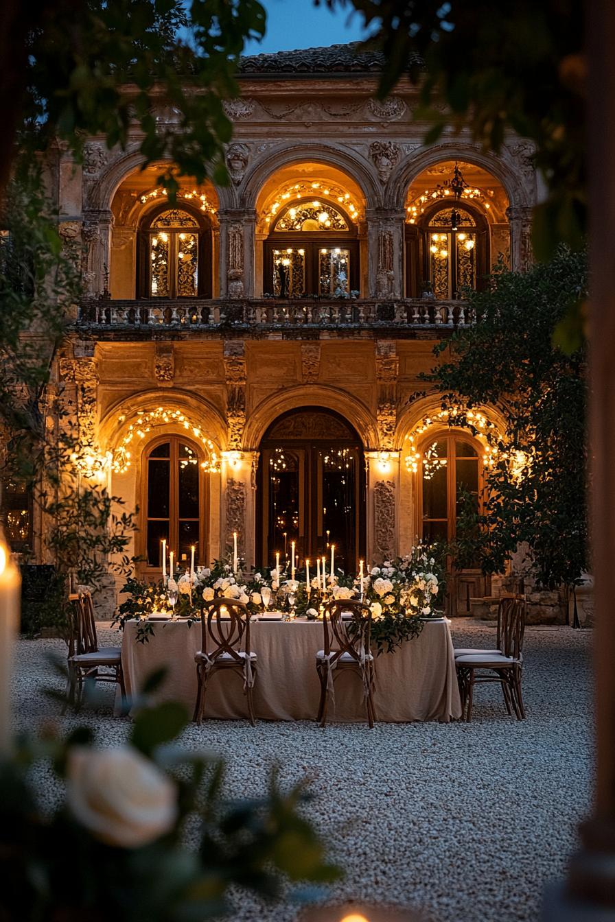 Outdoor wedding reception with candlelit table