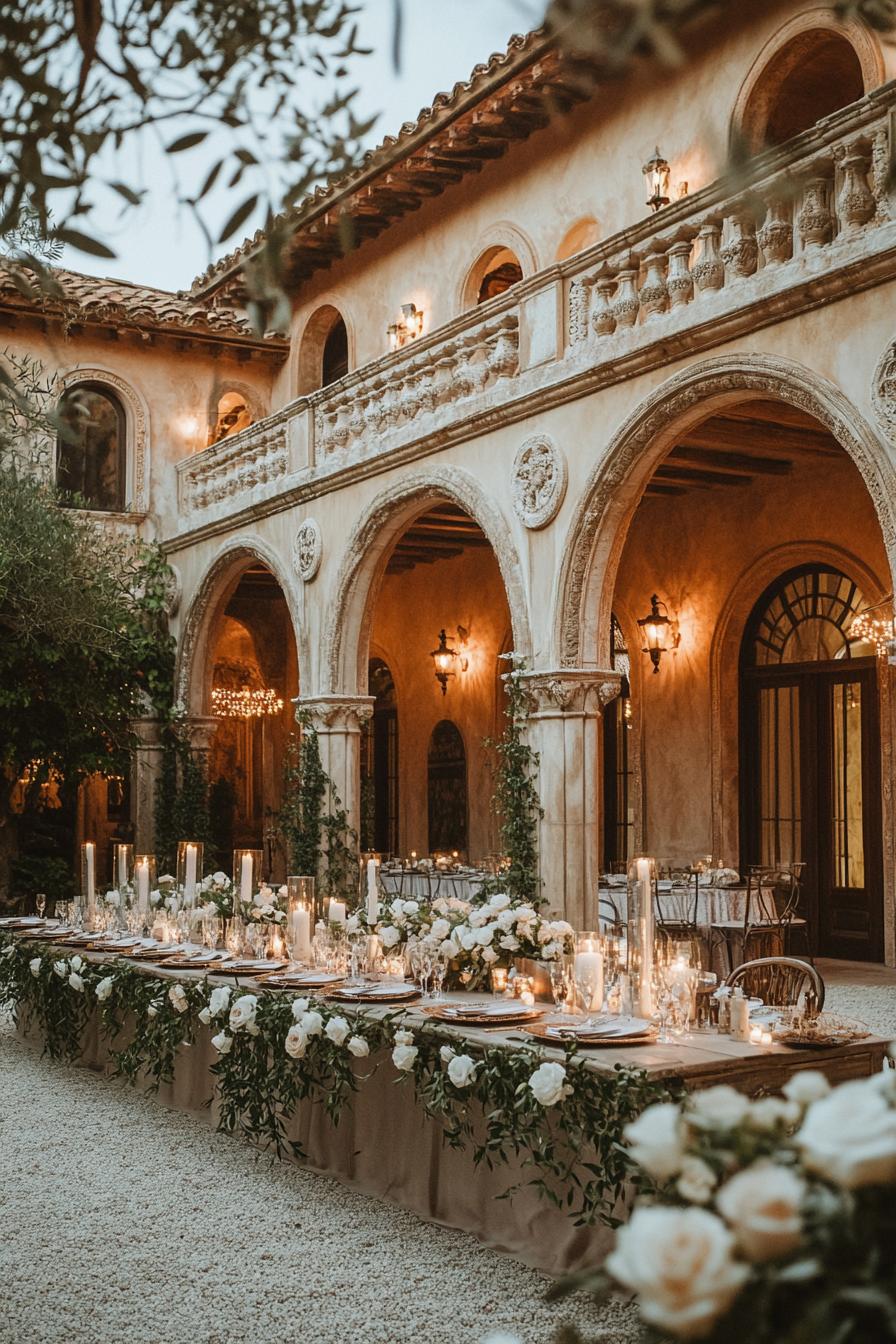 Romantic candlelit wedding table under arched architecture