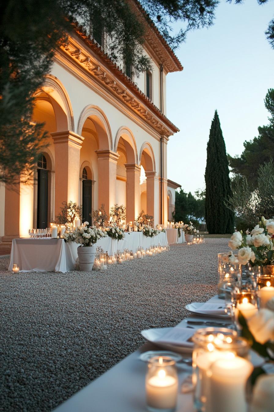 Outdoor wedding reception with candles and floral arrangements