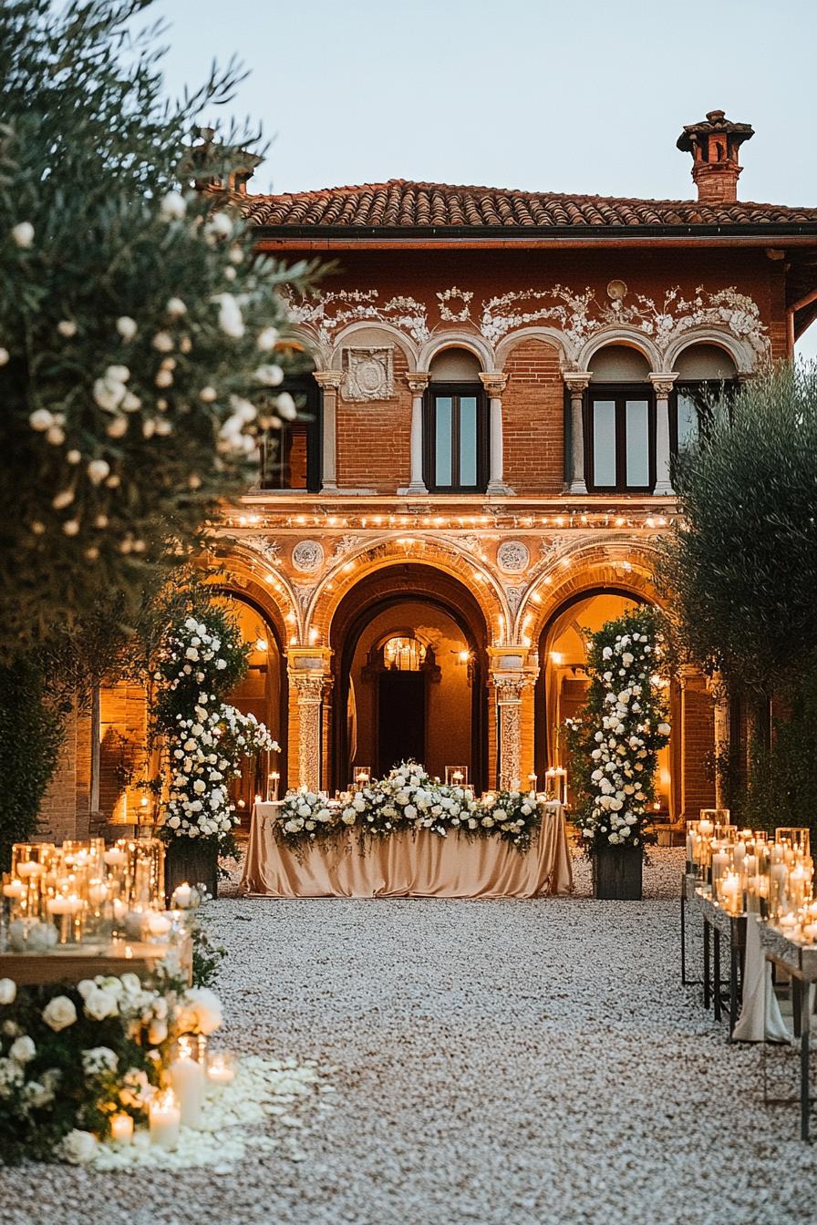 Outdoor Wedding Venue with Floral Arrangements and Candles