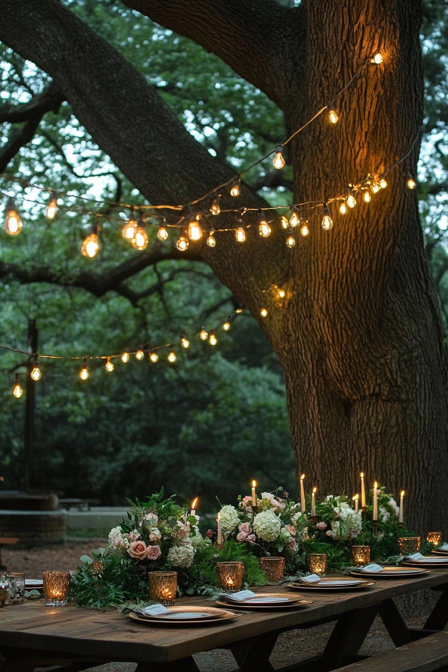 enchanted forest theme wedding outdoor table decor unter a large tree string lights hanging from the tree above the table the table is set with lush 1