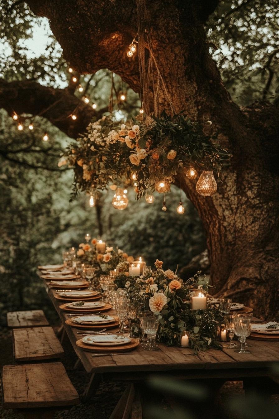 enchanted forest theme wedding outdoor table decor unter a large tree string lights hanging from the tree above the table the table is set with lush 2