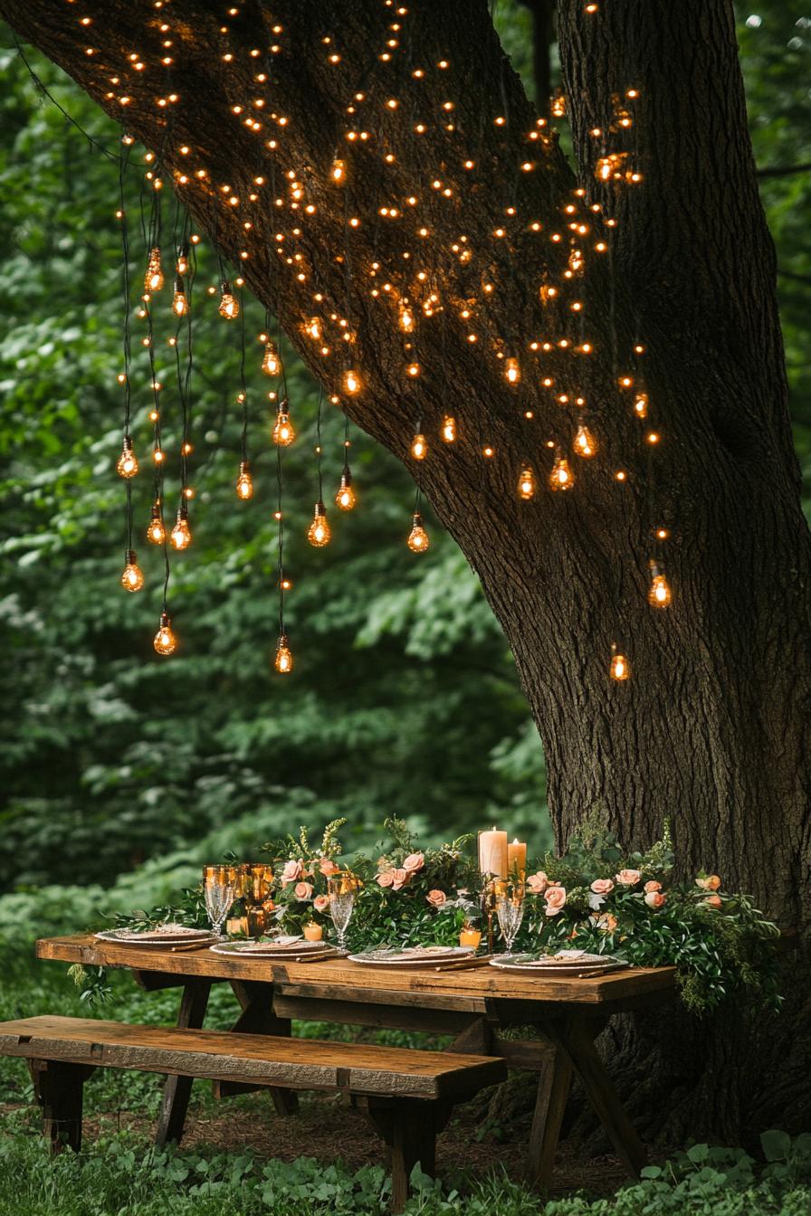 enchanted forest theme wedding outdoor table decor unter a large tree string lights hanging from the tree above the table the table is set with lush 3