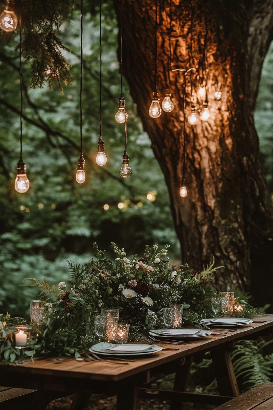 enchanted forest theme wedding outdoor table decor unter a large tree string lights hanging from the tree above the table the table is set with lush