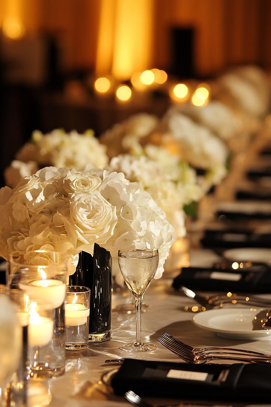 Romantic wedding table setting with white flowers and candles