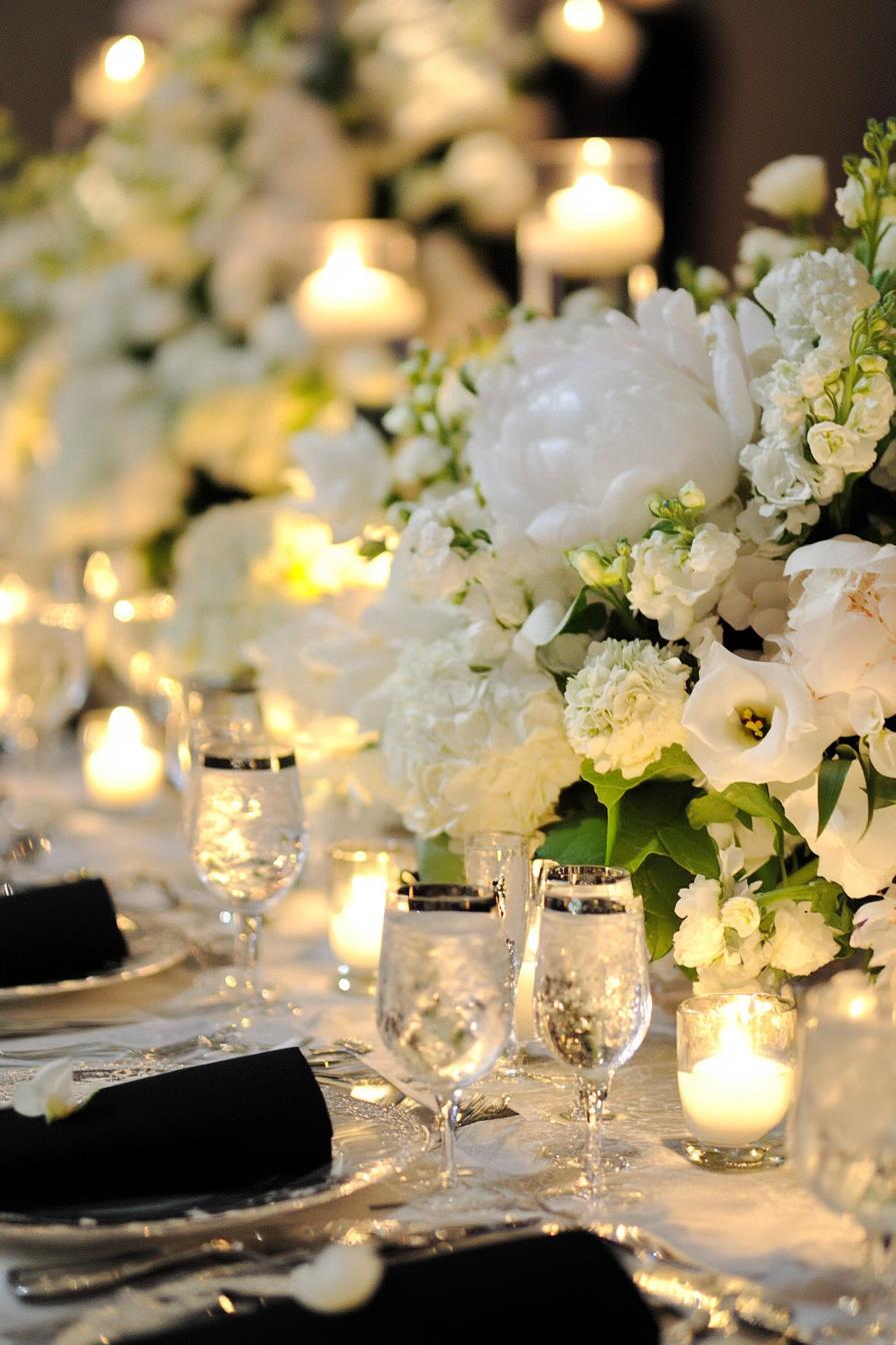 Luxurious table setting with white florals and candles