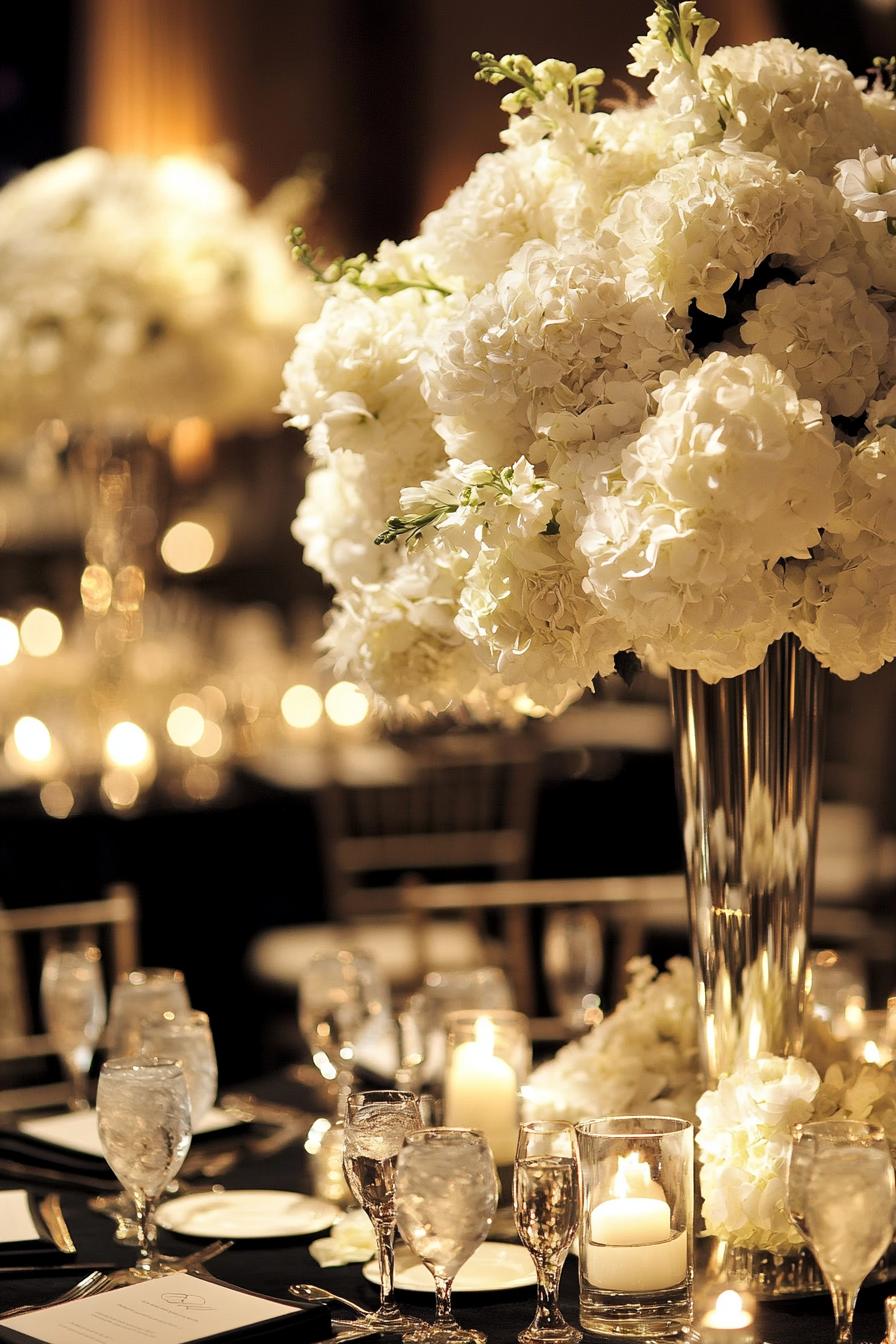 Luxurious white floral centerpiece with candlelit ambiance