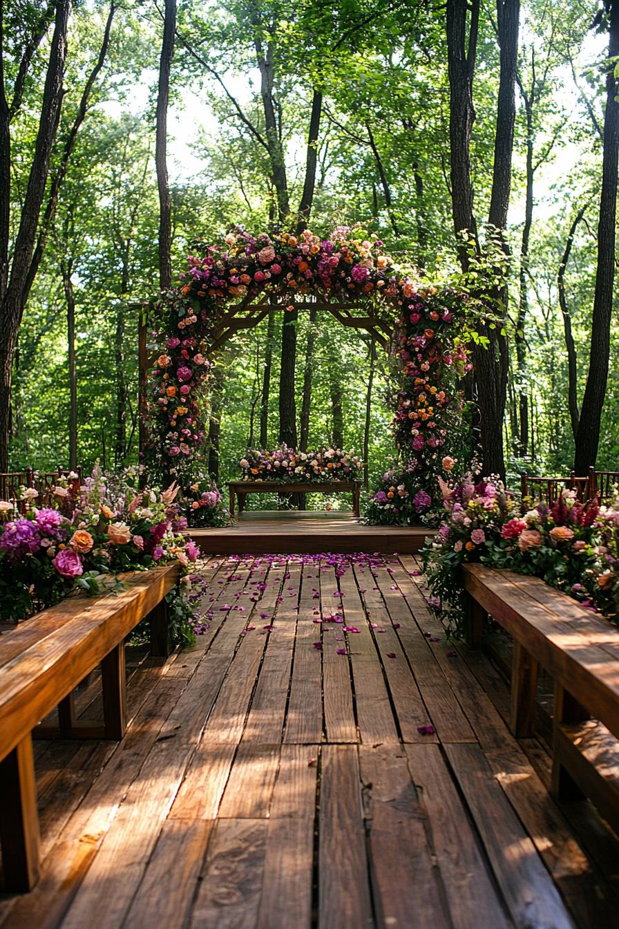 enchanted forest wedding theme decor with a wooden deck built in a lush forest an altar with lush arch with flowers benches on both sides of the 1