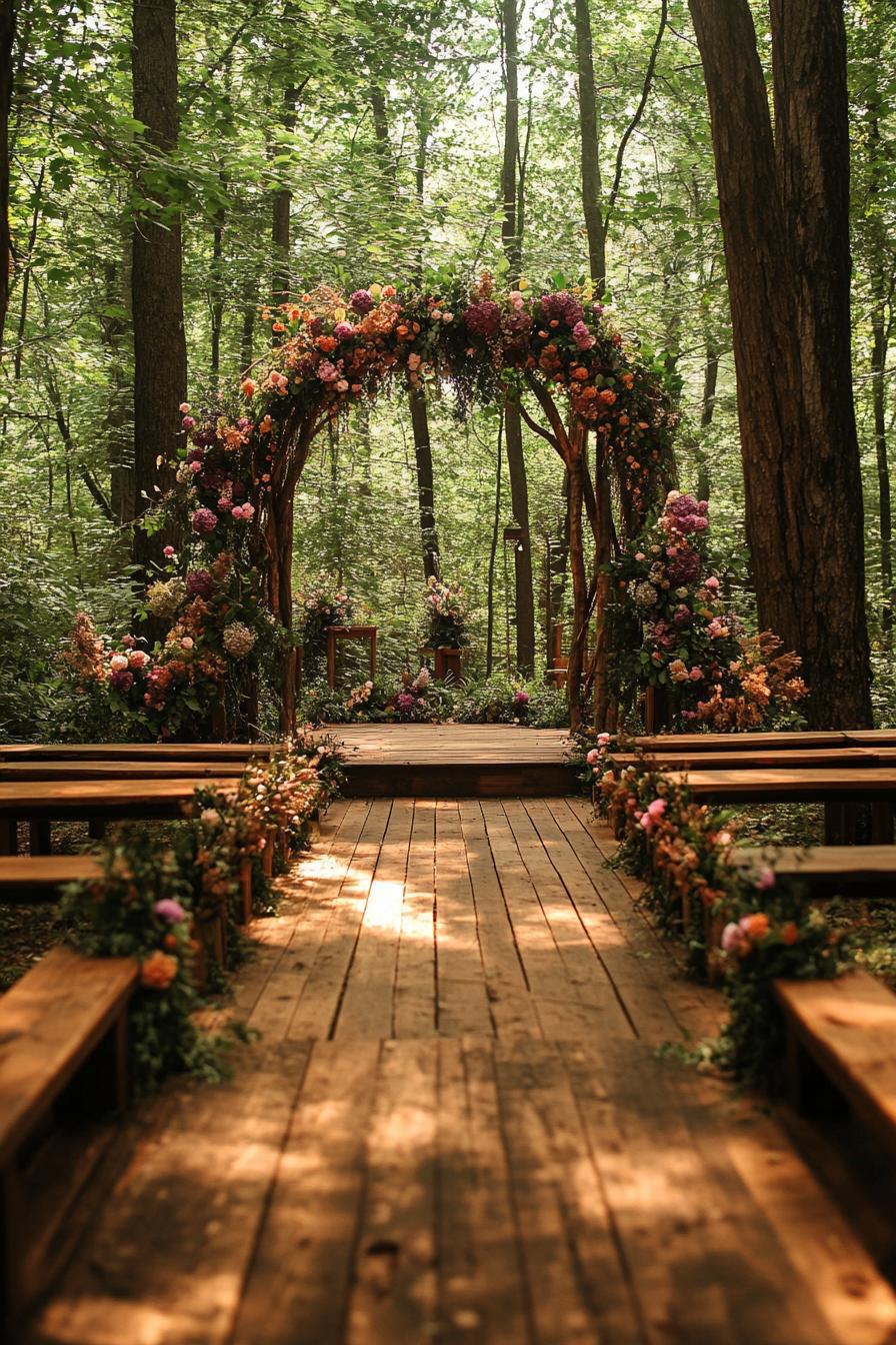 enchanted forest wedding theme decor with a wooden deck built in a lush forest an altar with lush arch with flowers benches on both sides of the 2