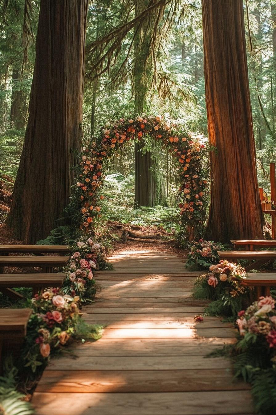 enchanted forest wedding theme decor with a wooden deck built in a lush forest an altar with lush arch with flowers benches on both sides of the