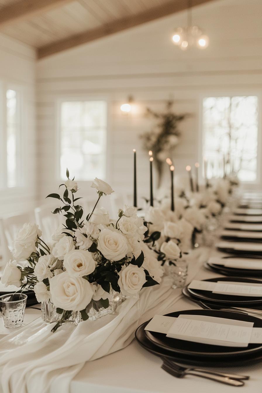 Elegant wedding table with white roses and black candles