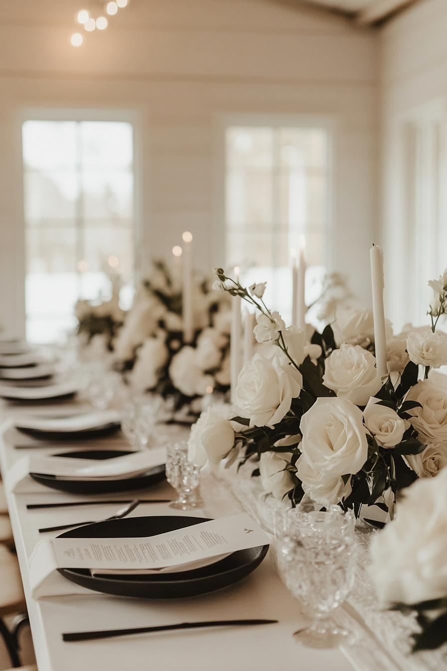 White roses and candles on a beautifully set wedding table