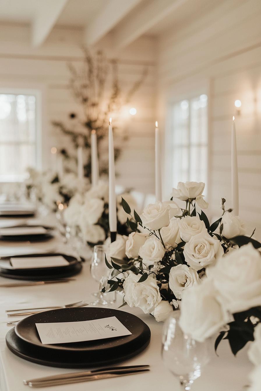 Sophisticated wedding table with white roses and candles