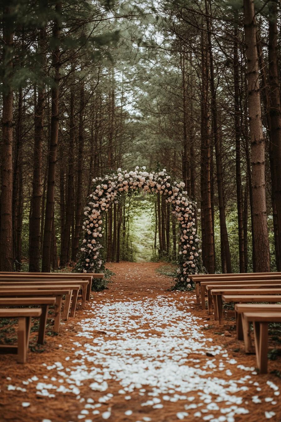 forest wedding decor arch of flowers between trees wooden seating benches on two sides and the path between them is bordered with white rose petals 1