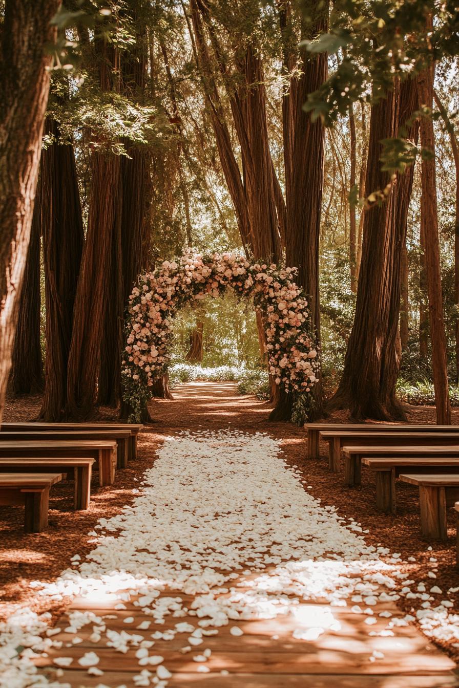 forest wedding decor arch of flowers between trees wooden seating benches on two sides and the path between them is bordered with white rose petals 2