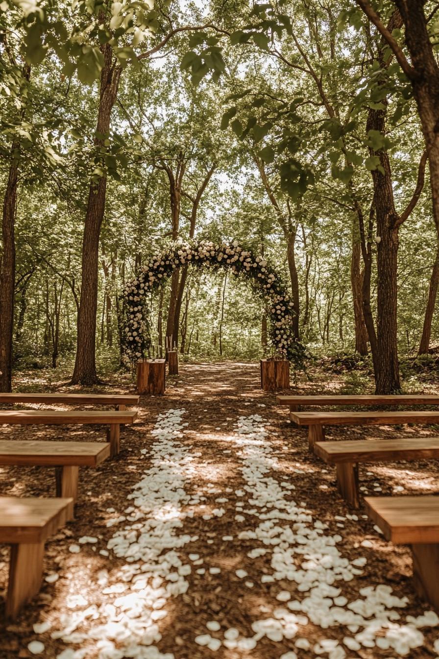 forest wedding decor arch of flowers between trees wooden seating benches on two sides and the path between them is bordered with white rose petals 3