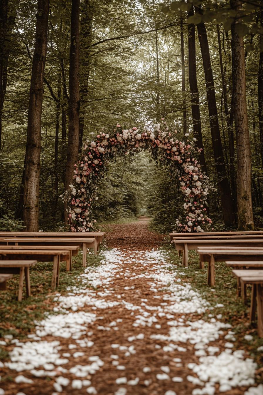 forest wedding decor arch of flowers between trees wooden seating benches on two sides and the path between them is bordered with white rose petals