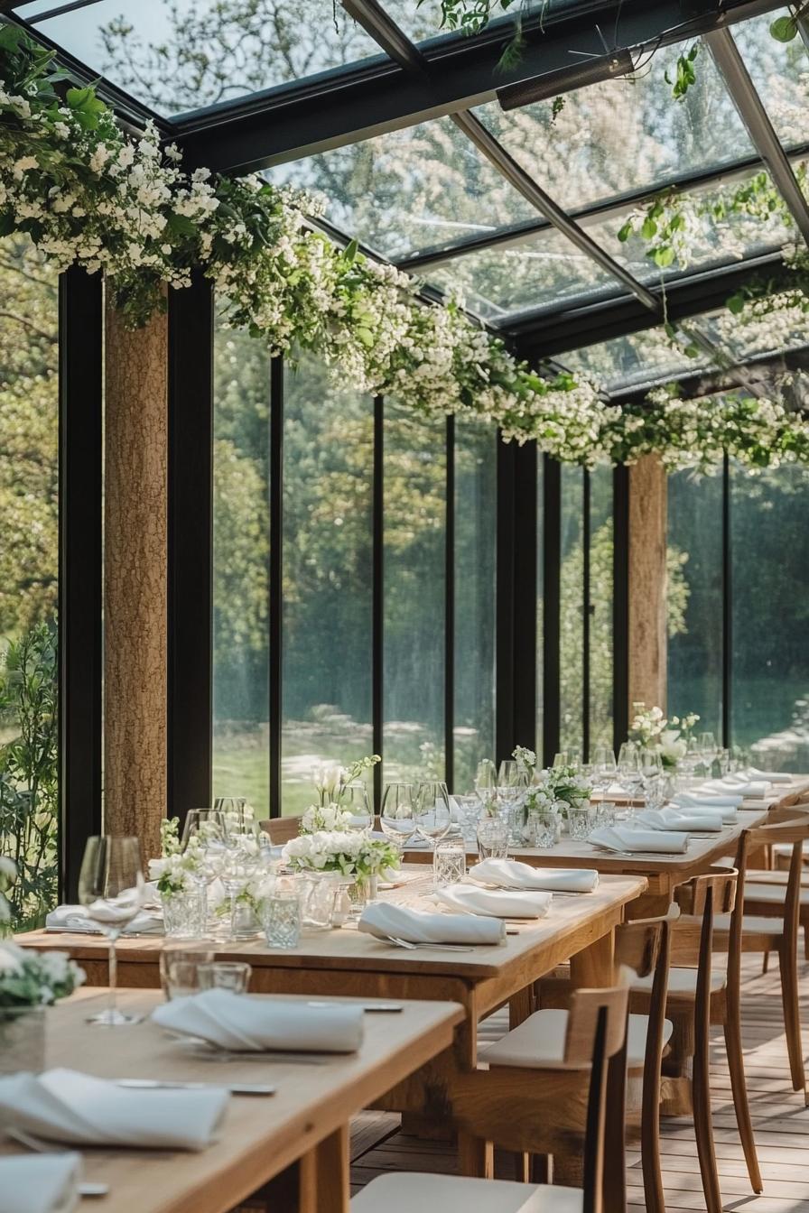 Long table with white floral decorations under a glass ceiling