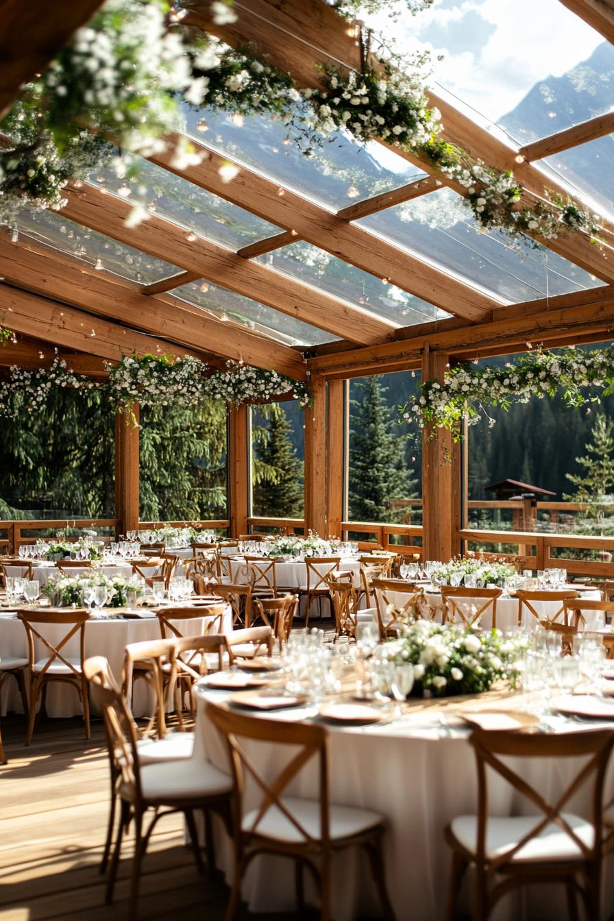 Outdoor wedding venue with wooden beams and floral decorations