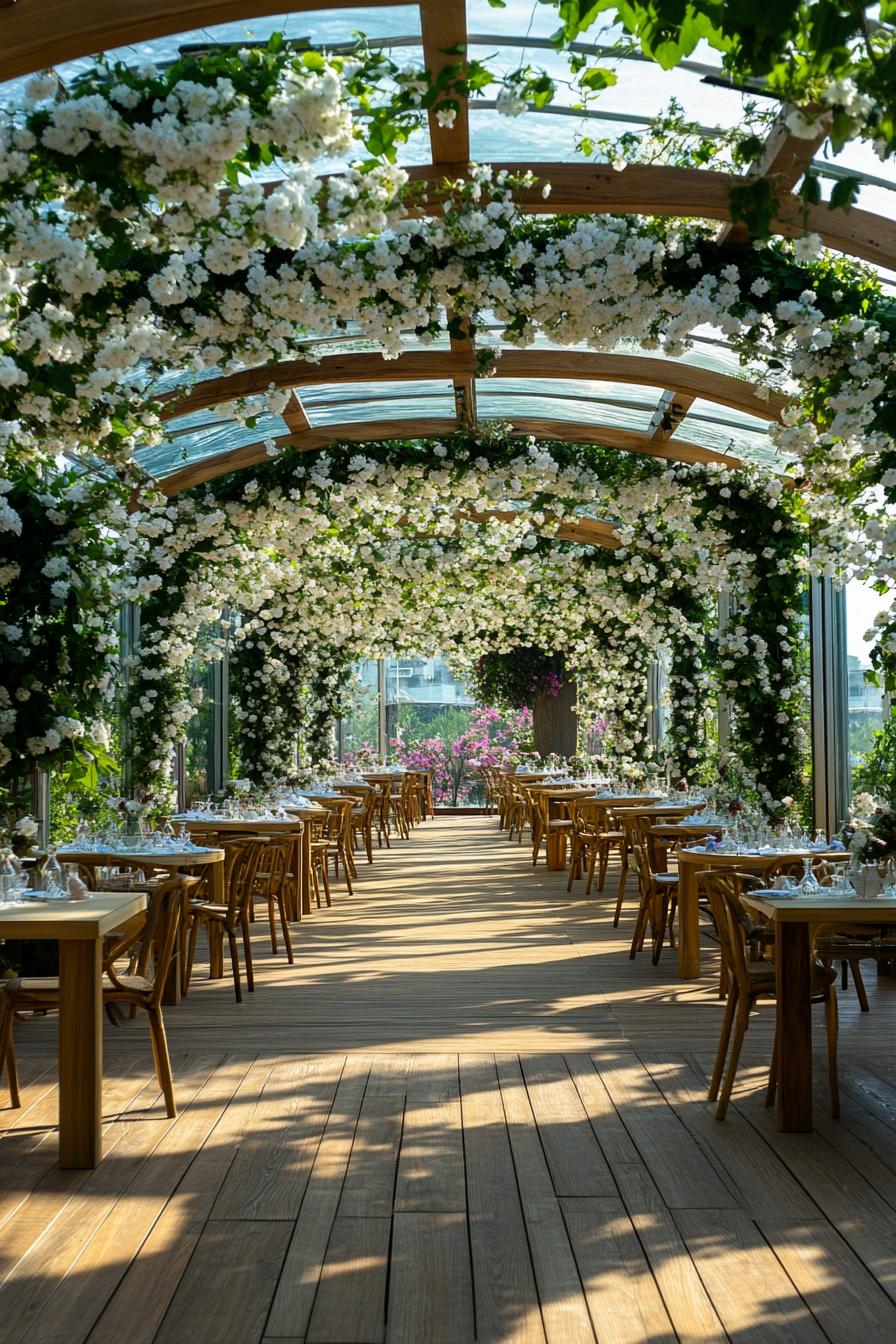 Rows of tables beneath an archway of blooming white flowers