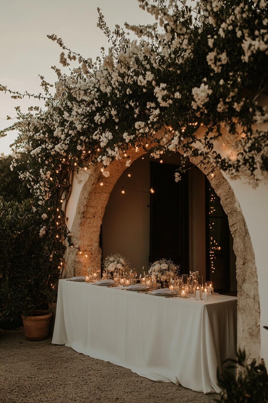 Charming outdoor wedding table with enchanting floral arch