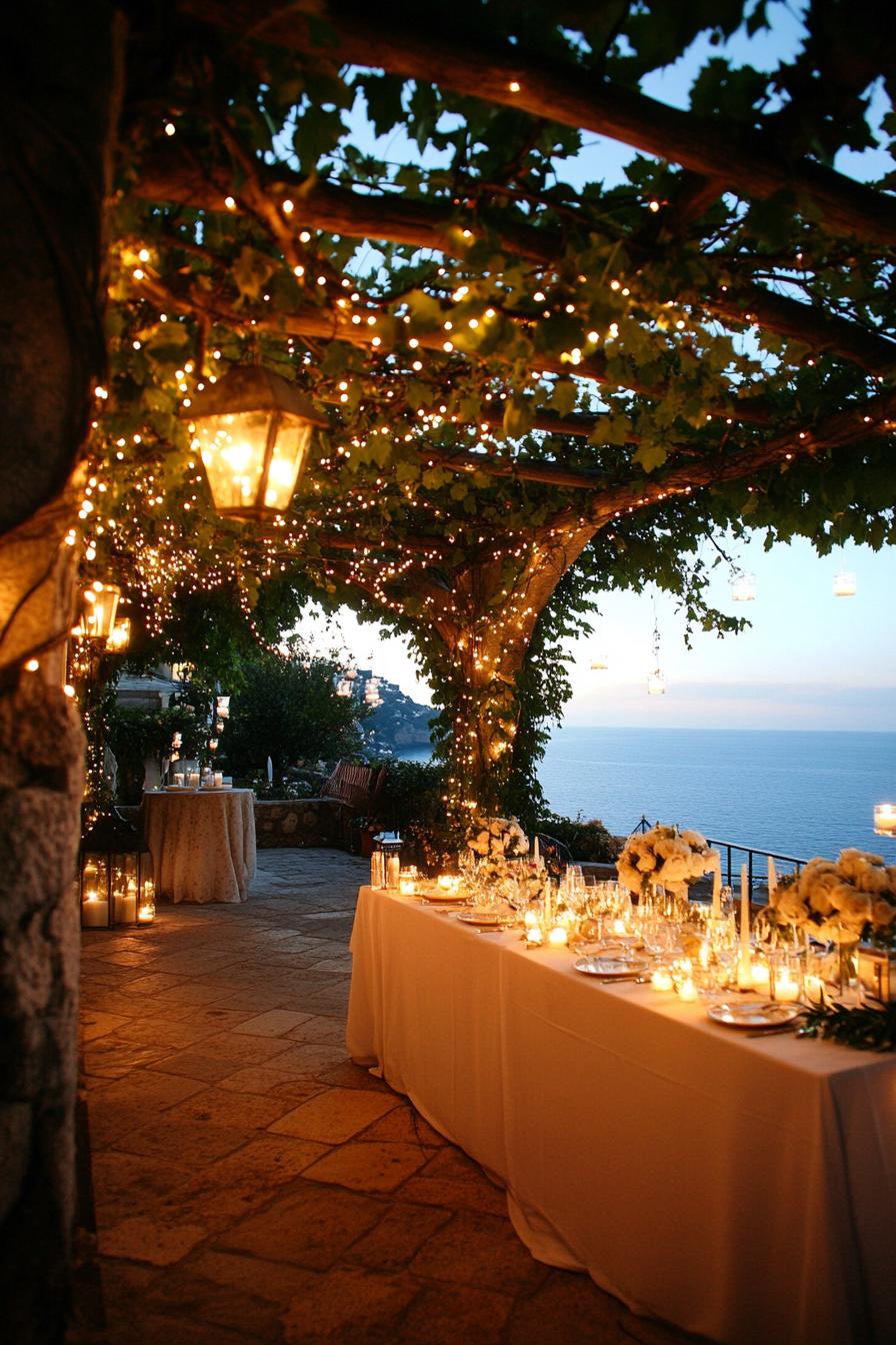 Outdoor wedding dinner under string lights with a sea view