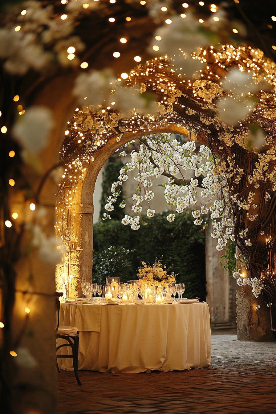 Round table under an arch of blooms and twinkling lights