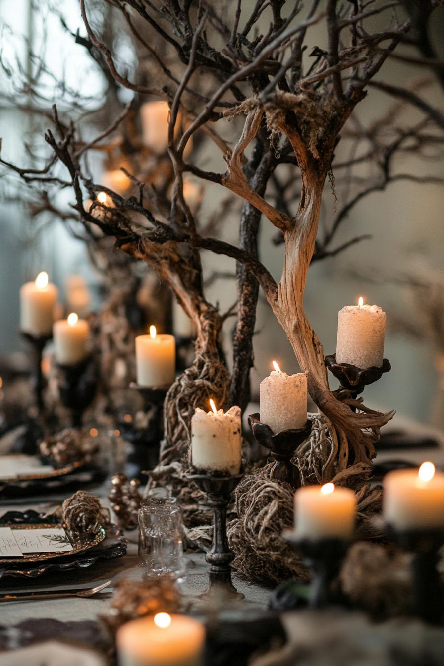 wedding enchanted forest theme table decor with cnadleholders made of driftwood and tree branches recycled materials 1