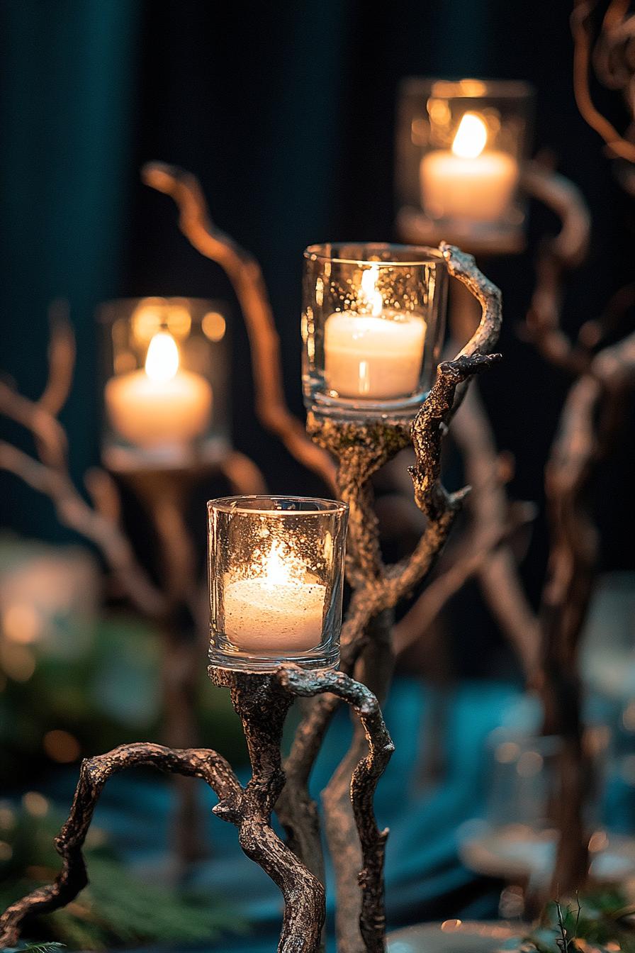 wedding enchanted forest theme table decor with cnadleholders made of driftwood and tree branches recycled materials 2