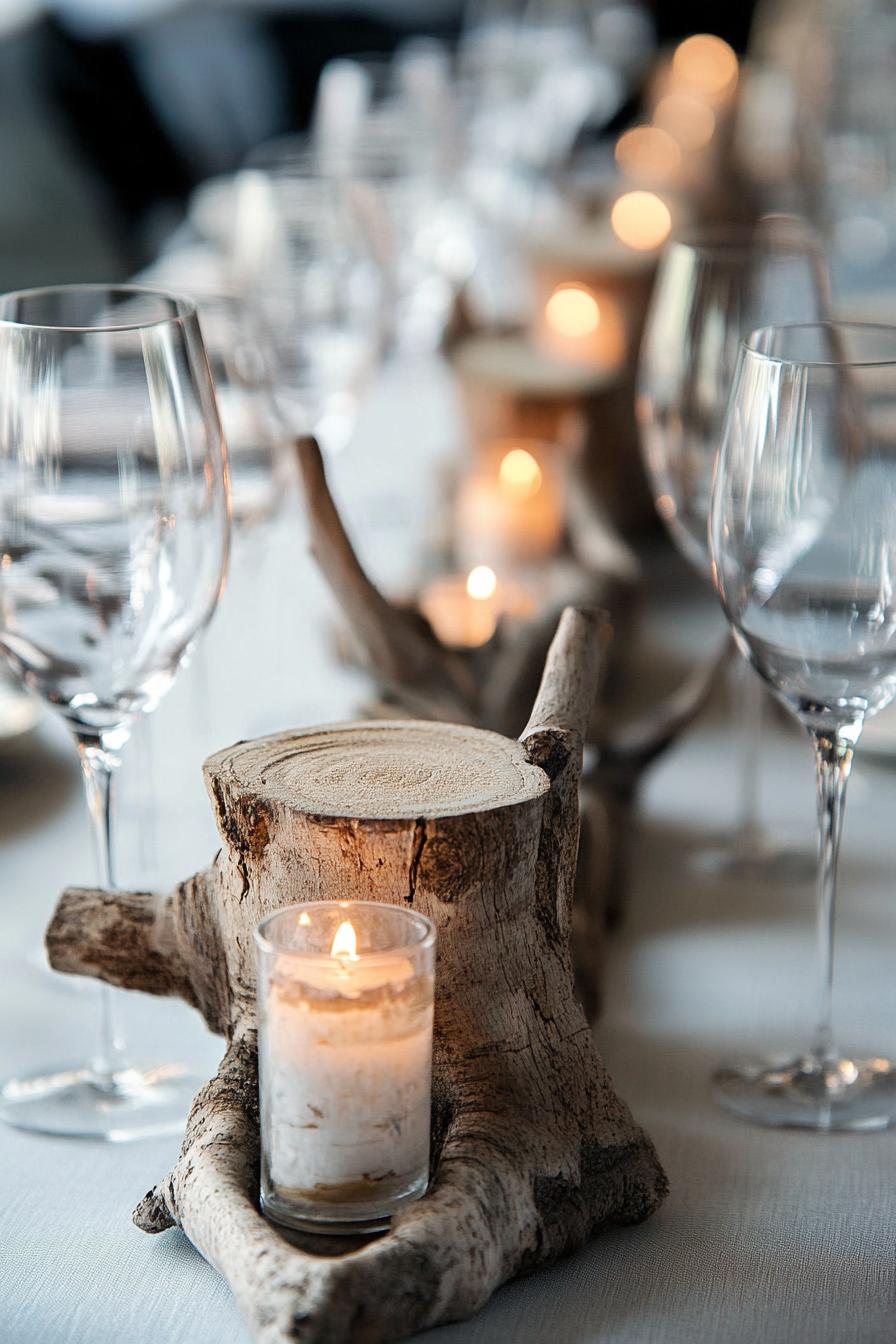 wedding enchanted forest theme table decor with cnadleholders made of driftwood and tree branches recycled materials