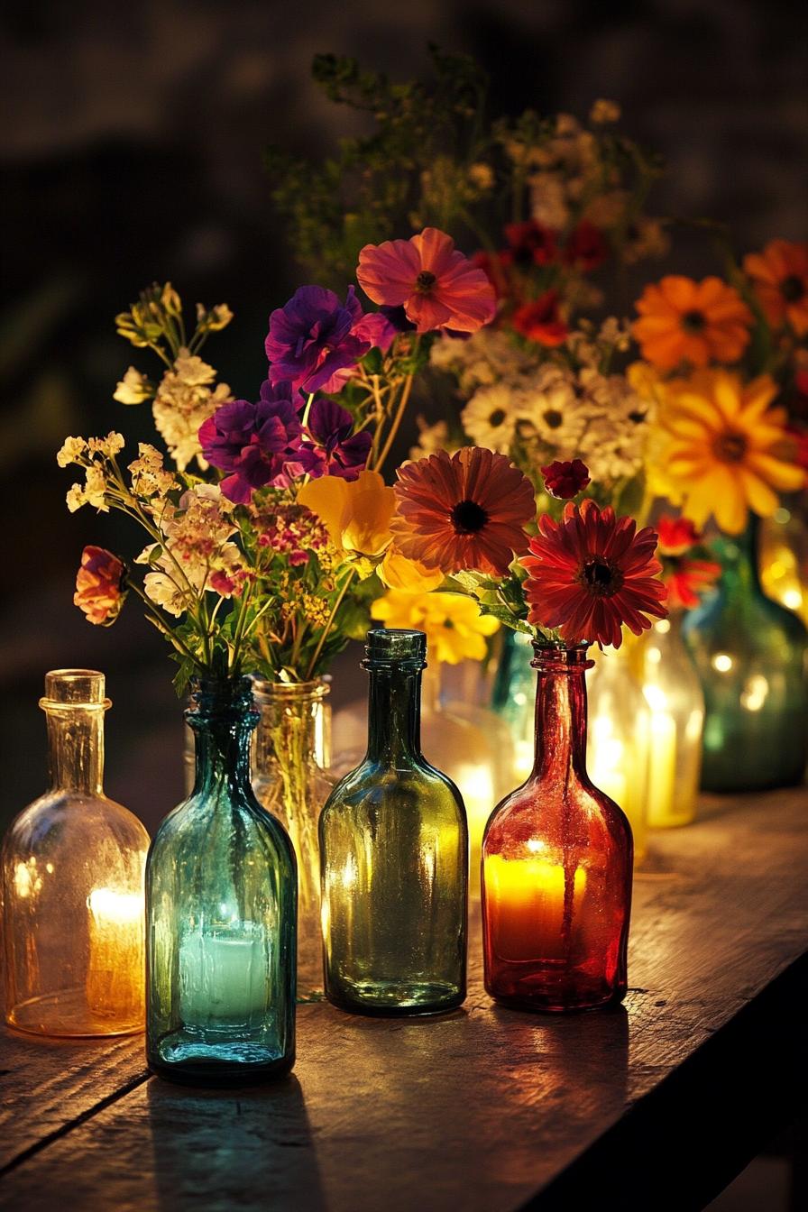 Colorful flowers in vintage glass bottles with candles