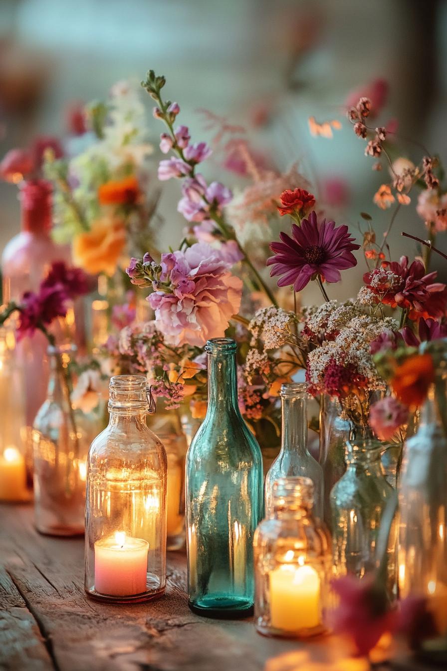 Colorful flowers and candles in glass bottles on a wooden table