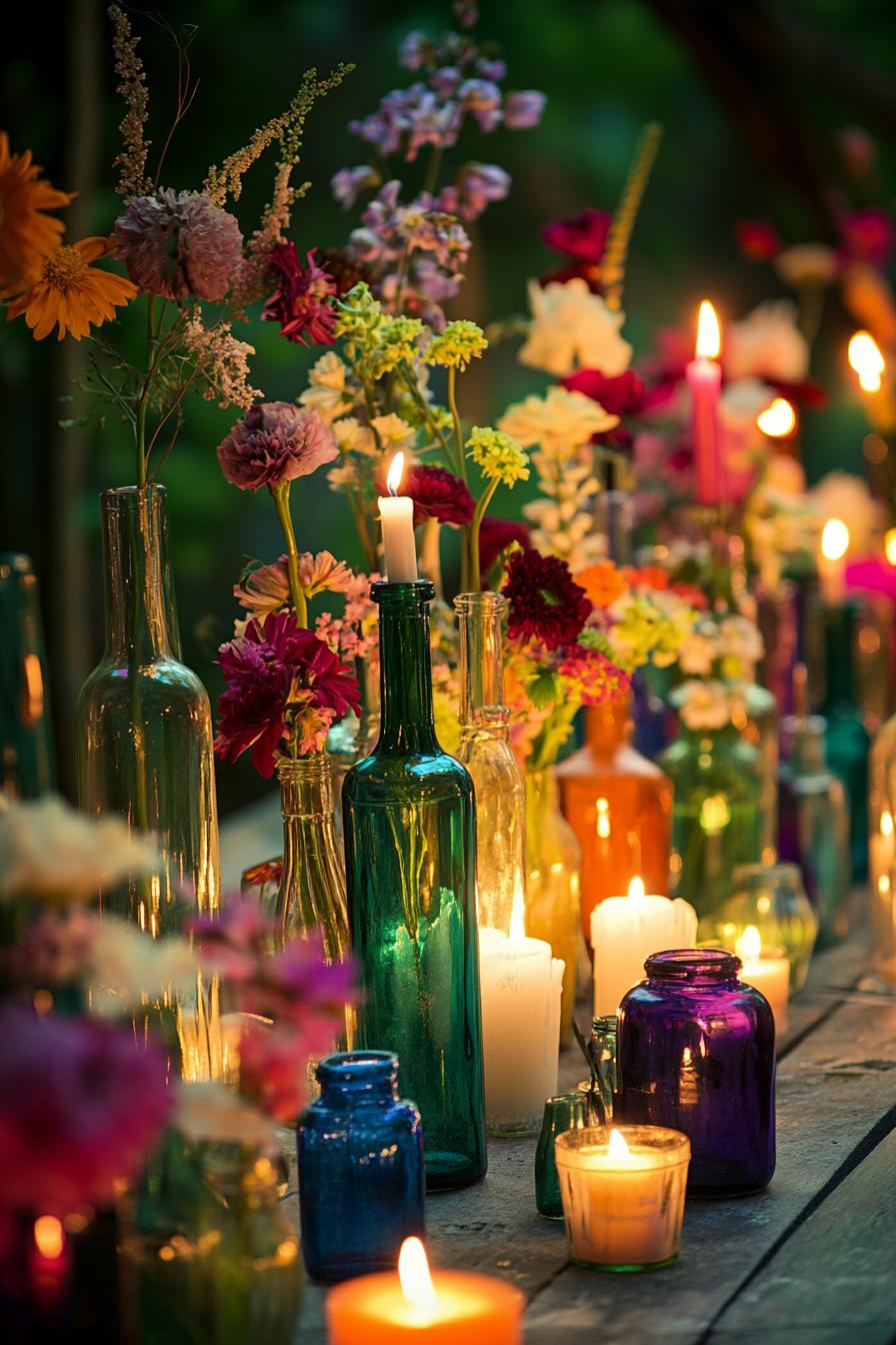 Colorful bottles with flowers and candles on a wooden table