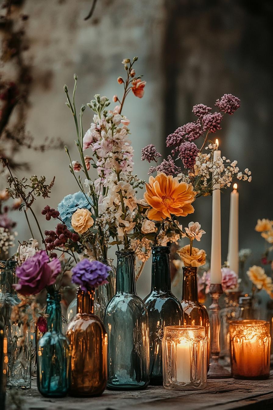 Colorful wildflowers and candles in vintage glass bottles