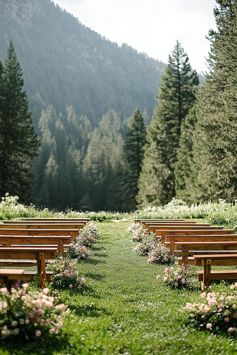 Rows of wooden benches with floral decorations in a forest setting