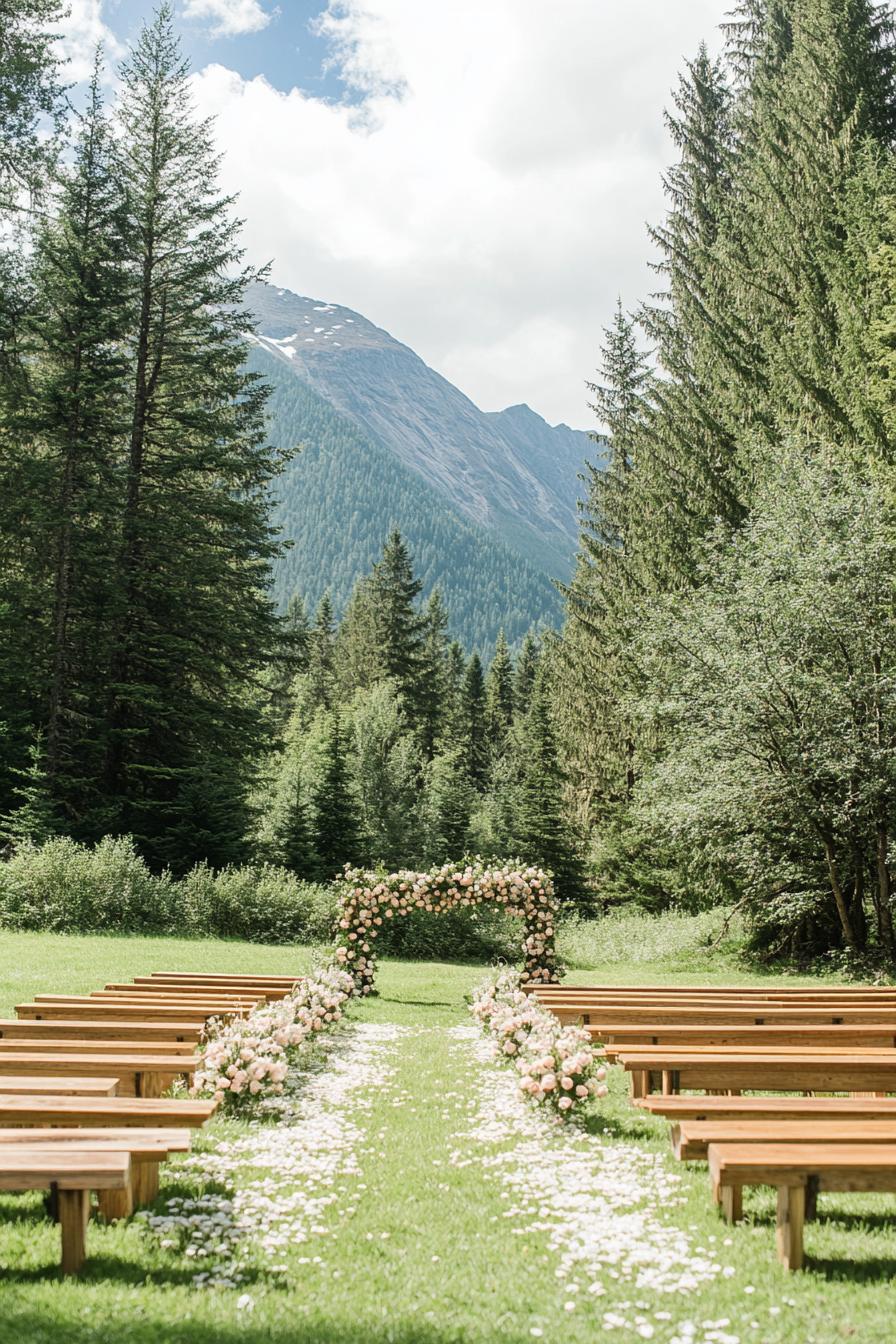 Outdoor wedding setup with flower arch and benches