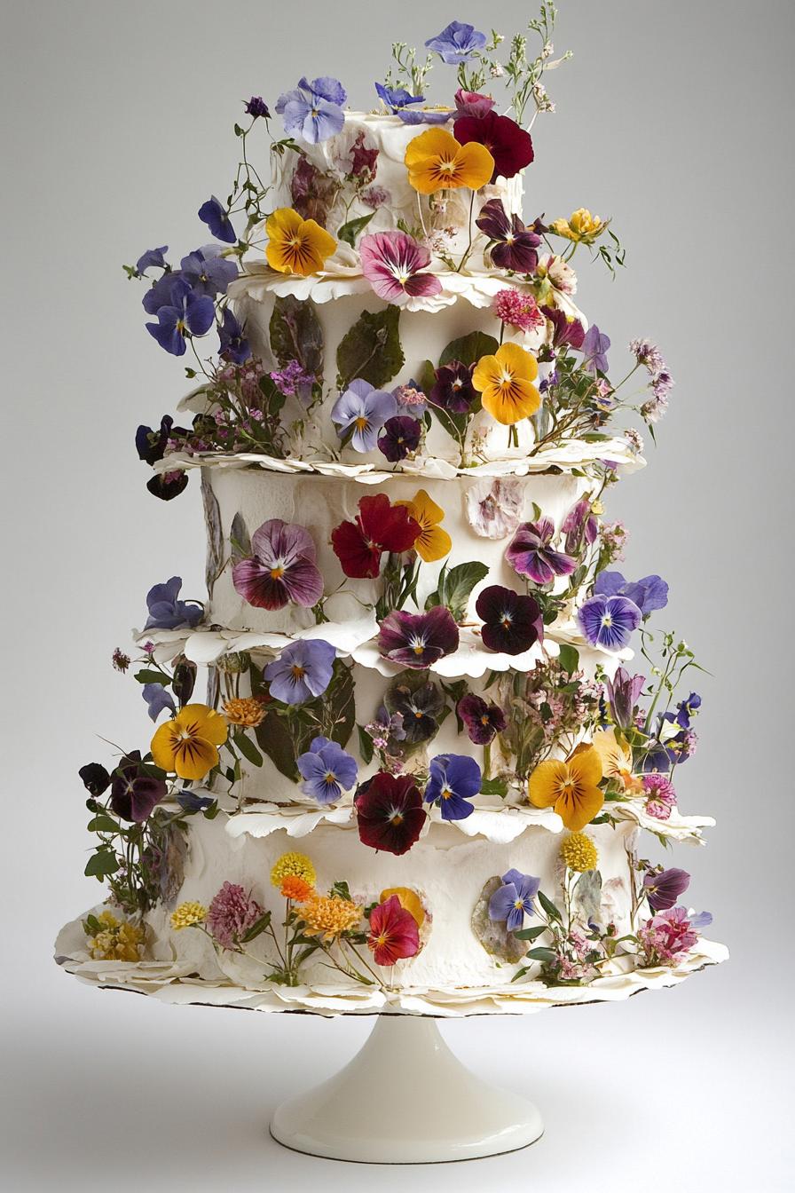 Four-tier wedding cake adorned with colorful edible flowers