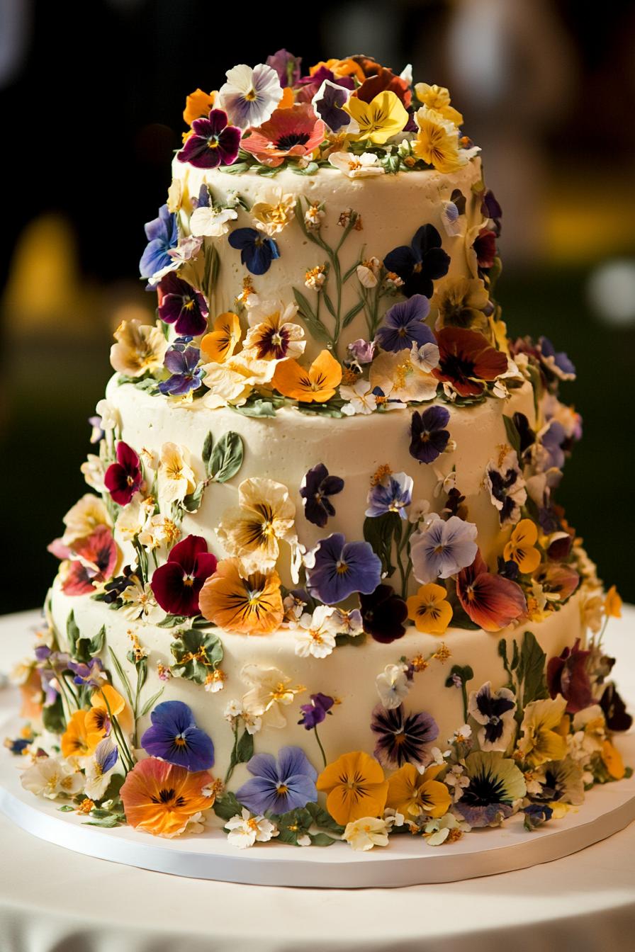 A tiered wedding cake adorned with colorful flowers