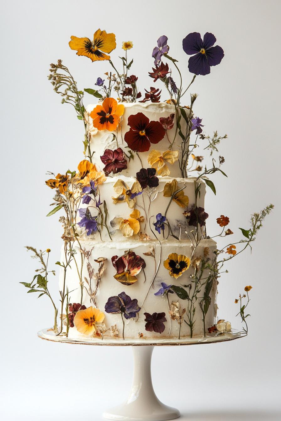 Three-tiered cake adorned with vibrant edible flowers