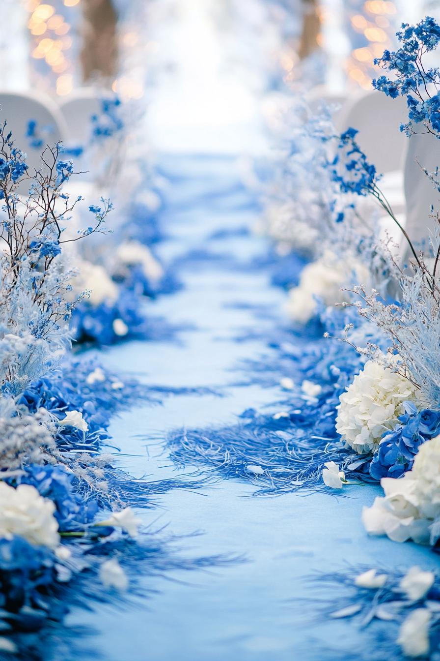 Wedding aisle with blue and white floral decorations