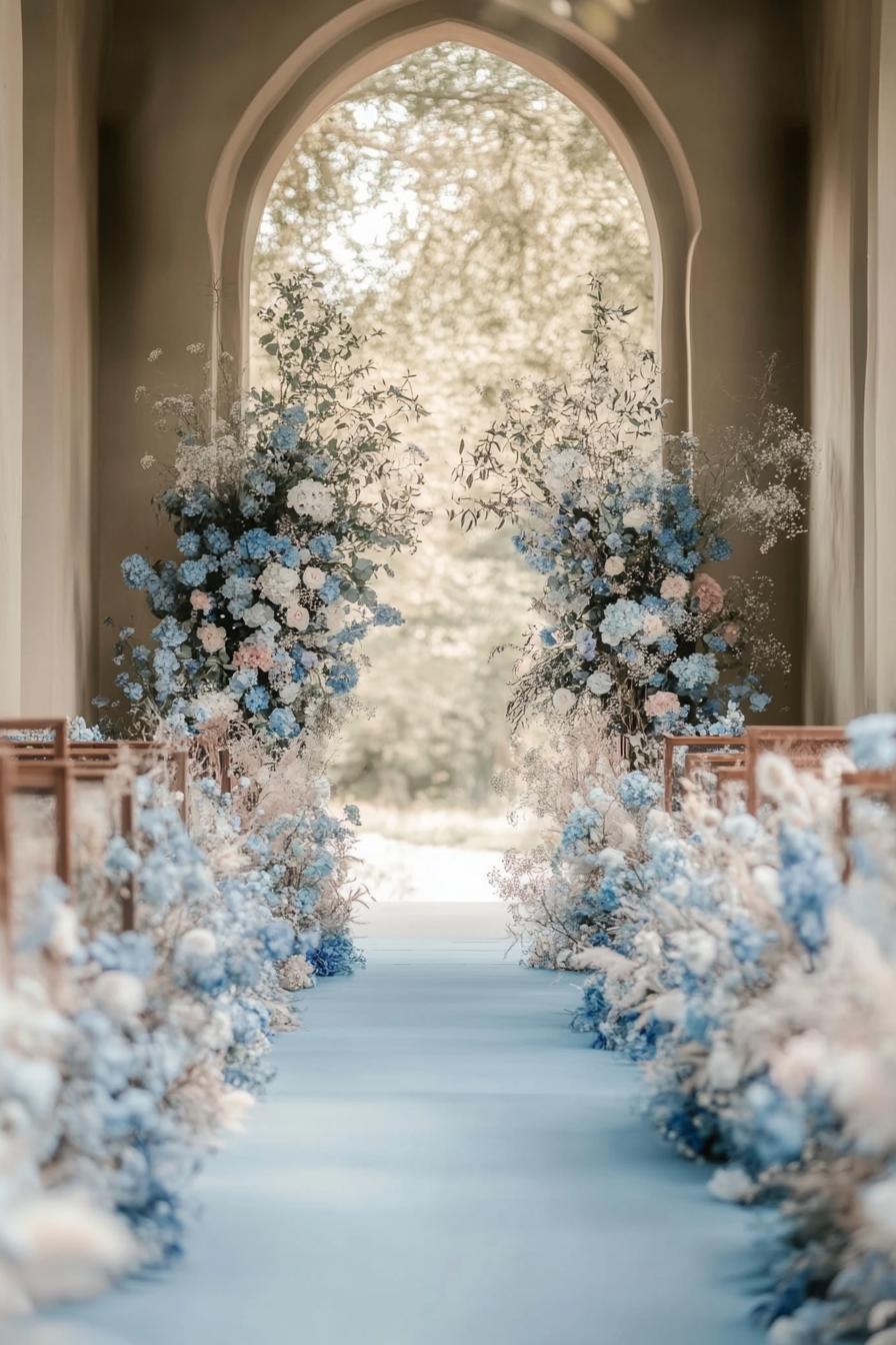 Elegant floral aisle adorned with blue and white flowers