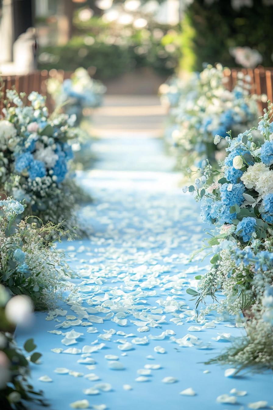 Blue flowers and petals adorn a wedding aisle