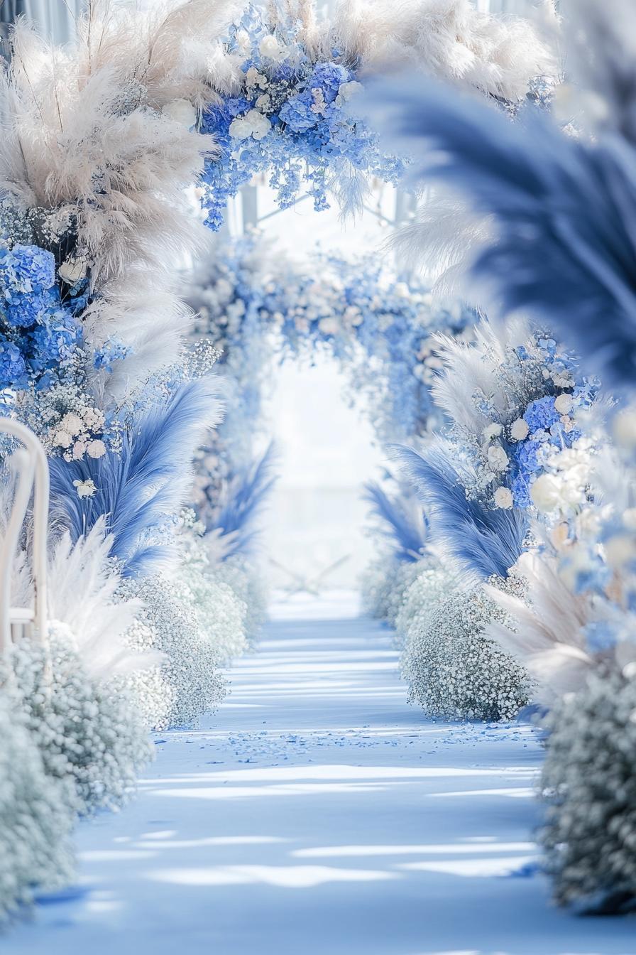 A wedding aisle adorned with blue and white flowers