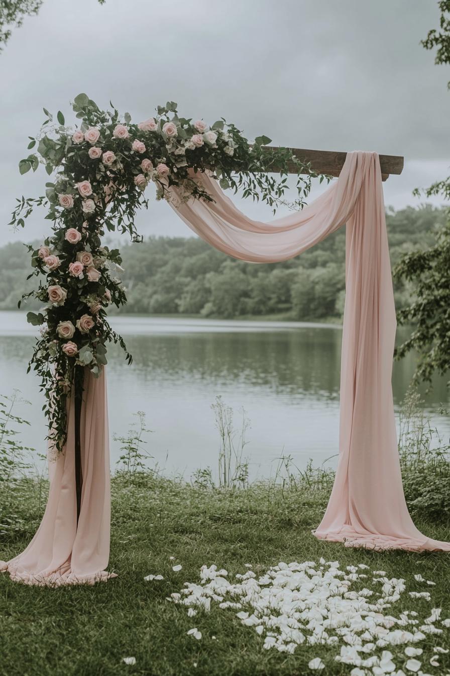 Elegant wedding arch by the lake with pink drapery and roses