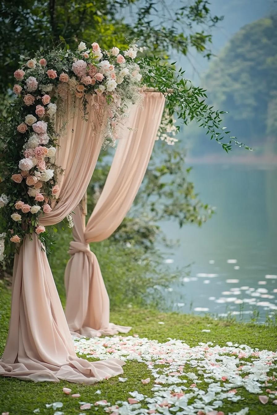 Elegant floral arch with draped fabric by a serene lakeside