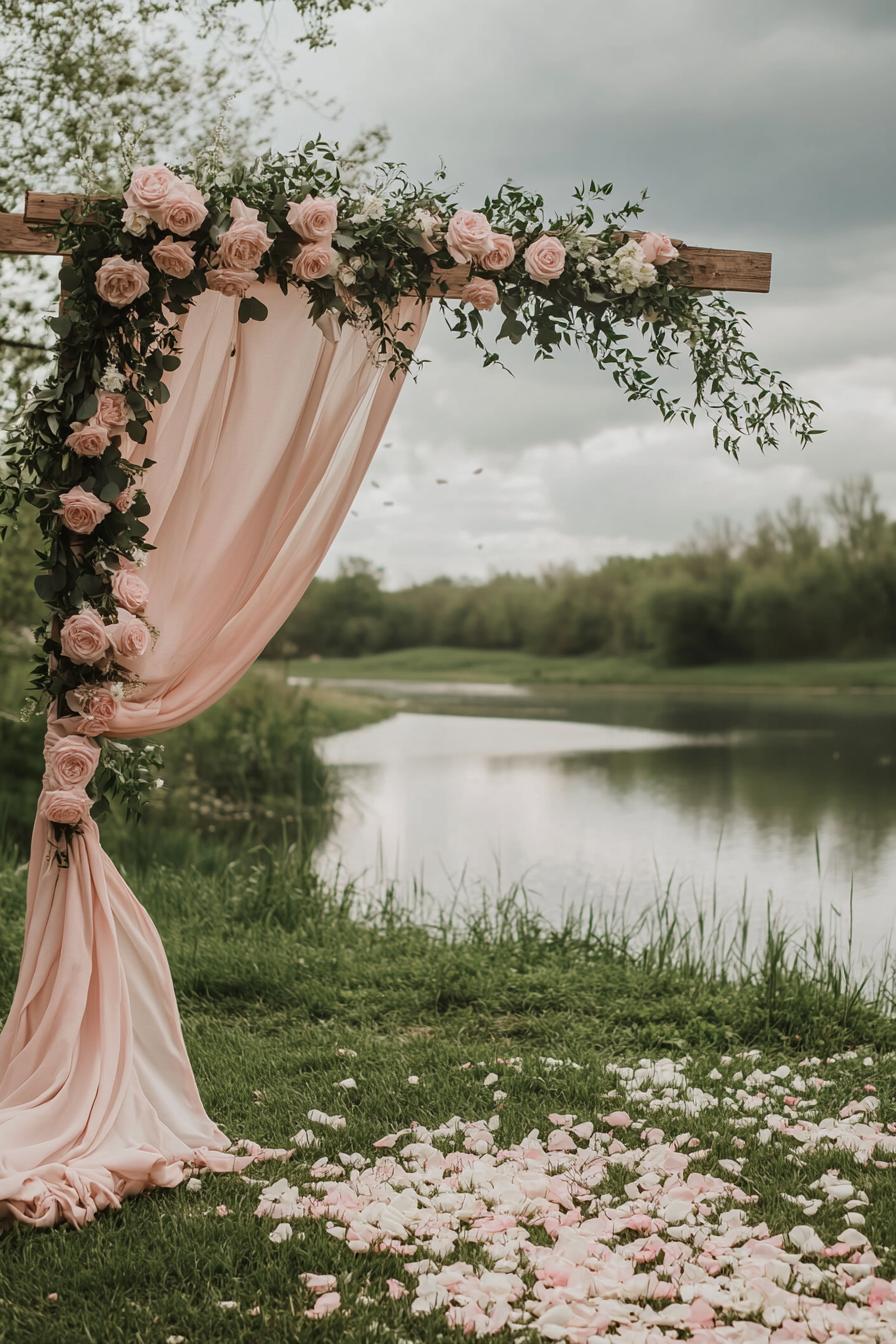 Pink floral arch by a riverside