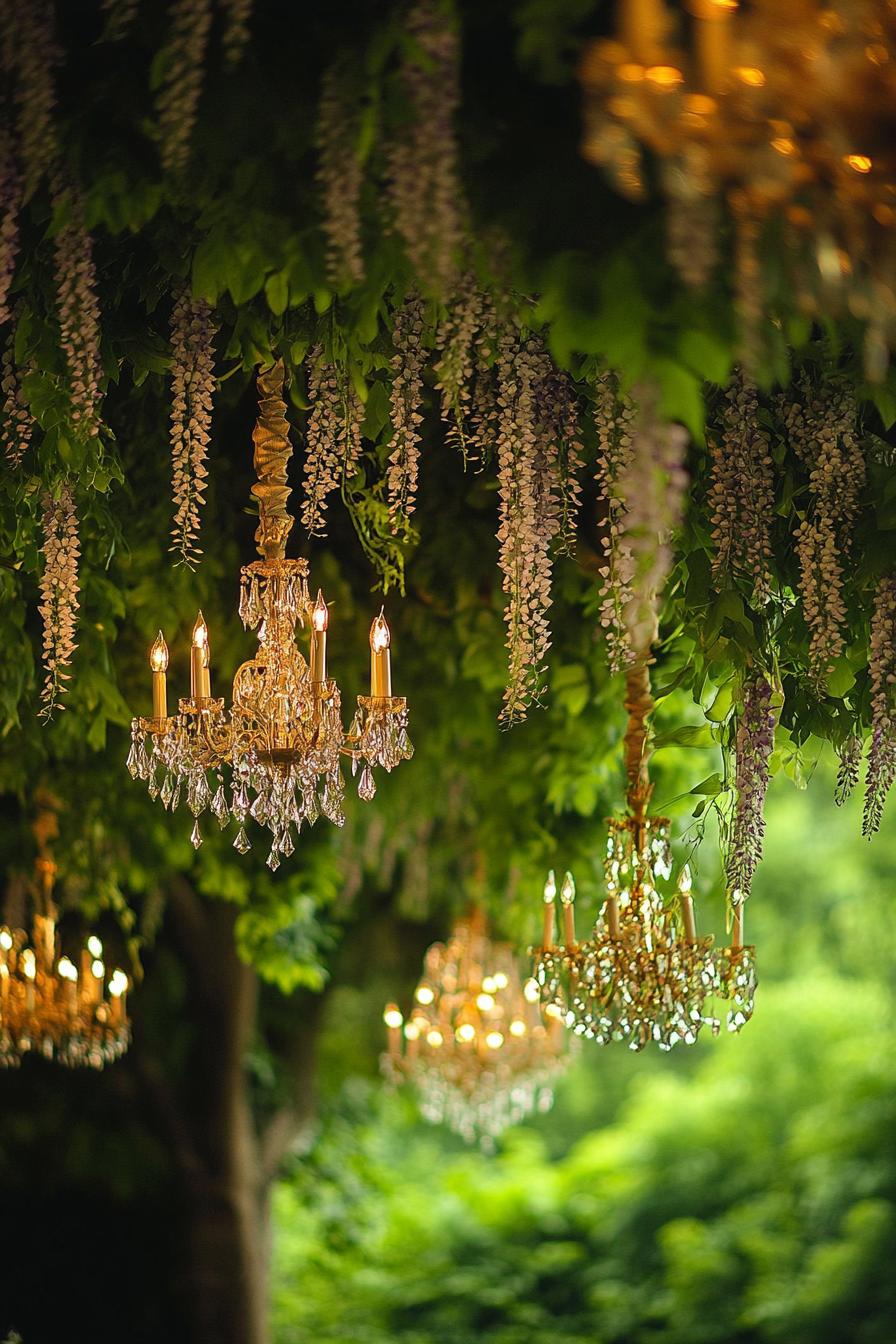 Chandeliers hanging amidst lush greenery and cascading flowers